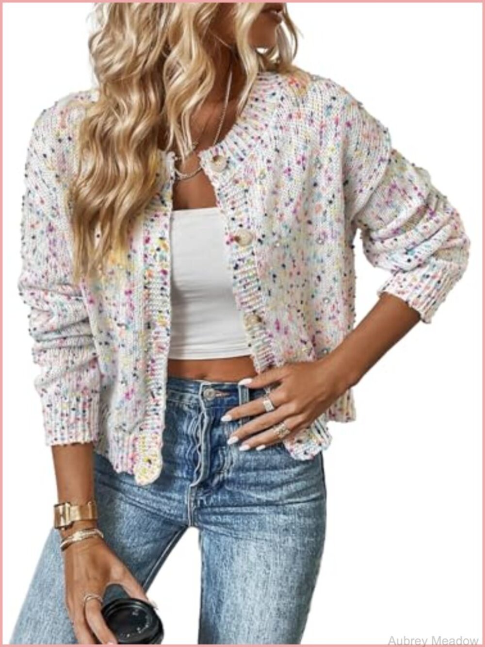 Rhinestone Confetti Cardigan Sweater Button Down Open Front Knit Outwear